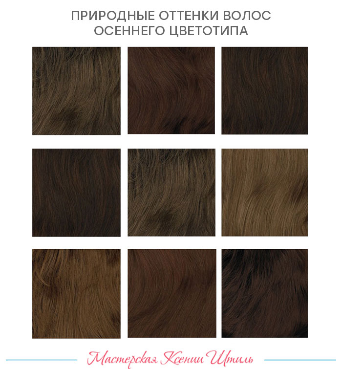 Рекомендовані кольори для фарбування волосся осіннього типу: всі відтінки рудого зі збереженням мідного, або рудо-золотого природного переливу;  каштанові відтінки з мідним відливом