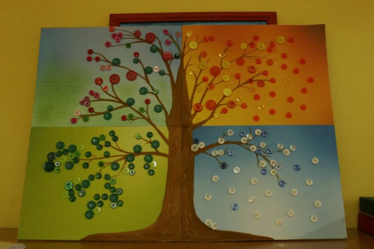 Ліза Ануфрієнка   Майстер-клас «Сезонне дерево з гудзиків»   Для початку потрібно взяти картон для основи (у мене це стінка коробки)